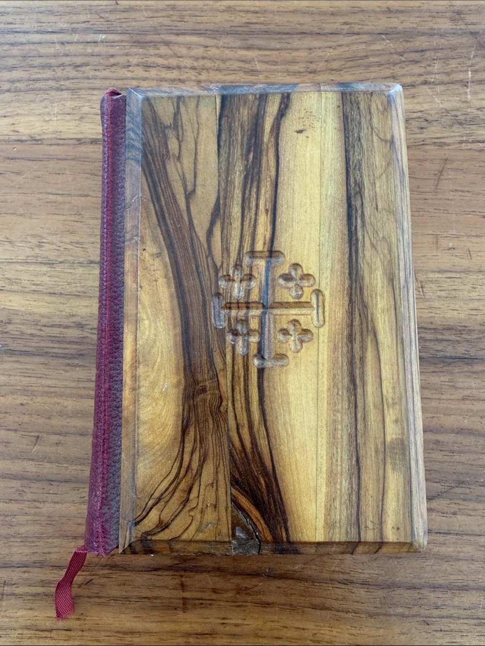 Vintage 1965 Wooden Holy Bible Red New Testament Olive Wood Jerusalem